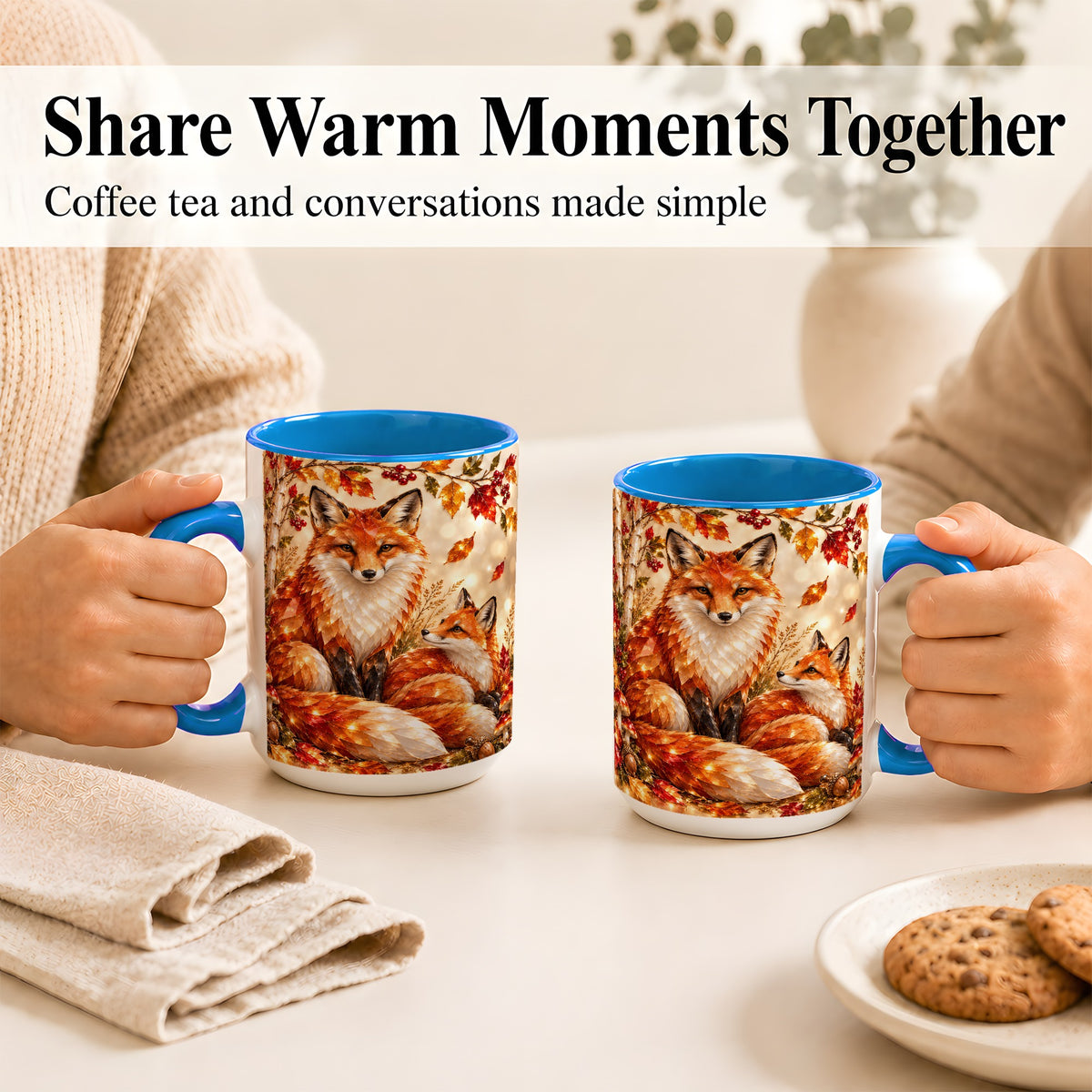 #pl[15oz|Blue] Faceted Fox Family Coffee Mug, Autumn Woodland Mug, Ceramic Cup