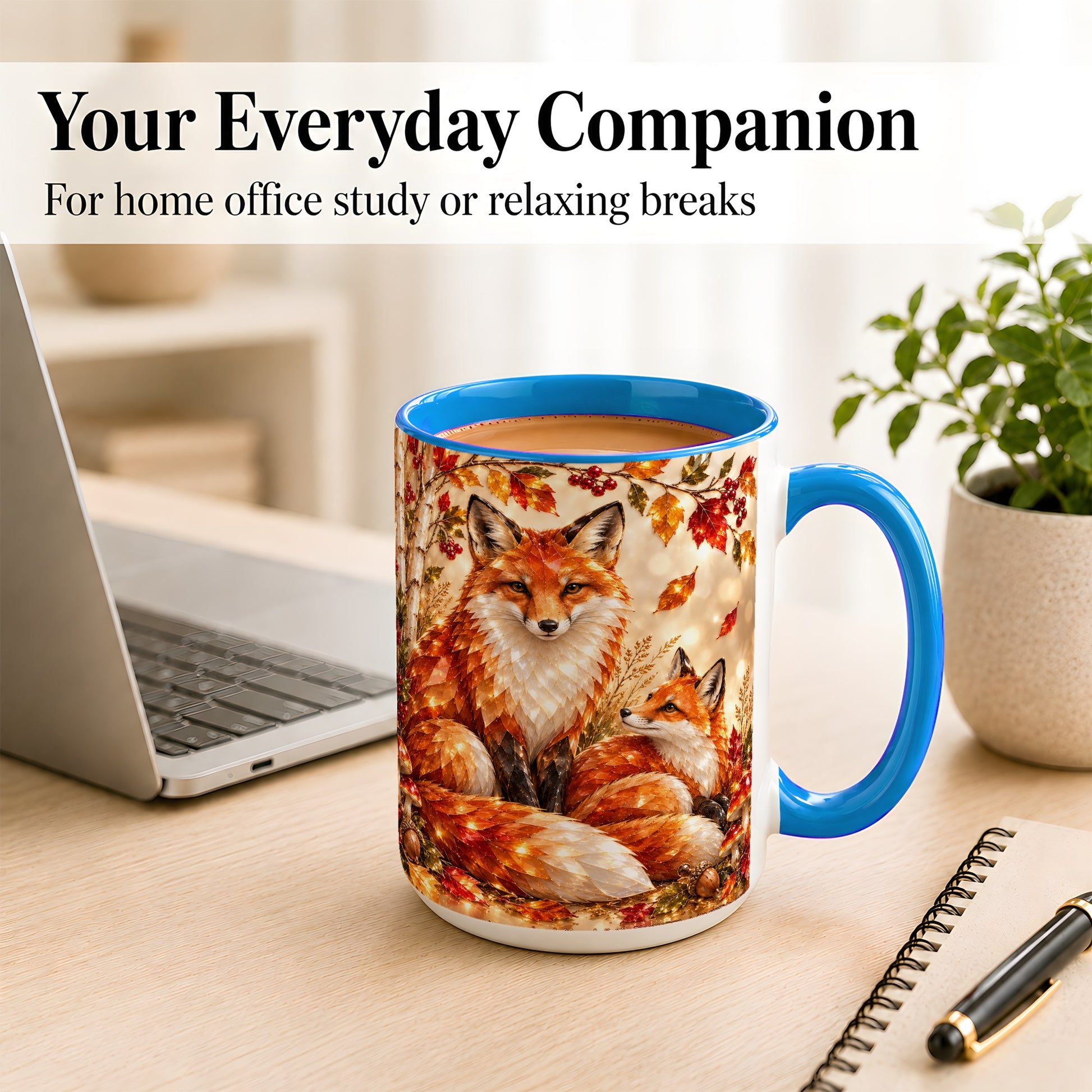 #pl[15oz|Blue] Faceted Fox Family Coffee Mug, Autumn Woodland Mug, Ceramic Cup