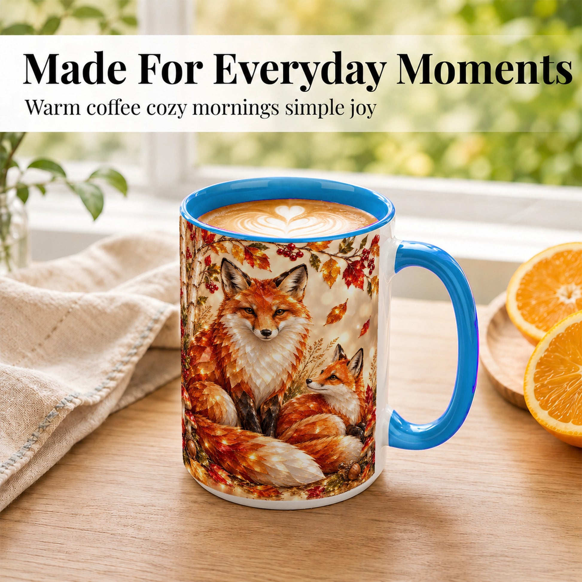 #pl[15oz|Blue] Faceted Fox Family Coffee Mug, Autumn Woodland Mug, Ceramic Cup