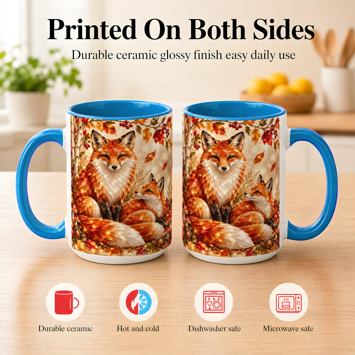 #pl[15oz|Blue] Faceted Fox Family Coffee Mug, Autumn Woodland Mug, Ceramic Cup