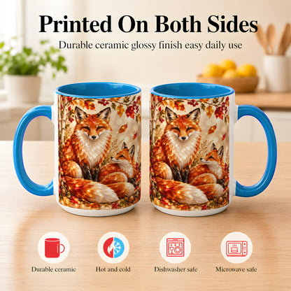 #pl[15oz|Blue] Faceted Fox Family Coffee Mug, Autumn Woodland Mug, Ceramic Cup