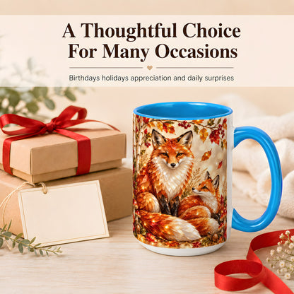 #pl[15oz|Blue] Faceted Fox Family Coffee Mug, Autumn Woodland Mug, Ceramic Cup