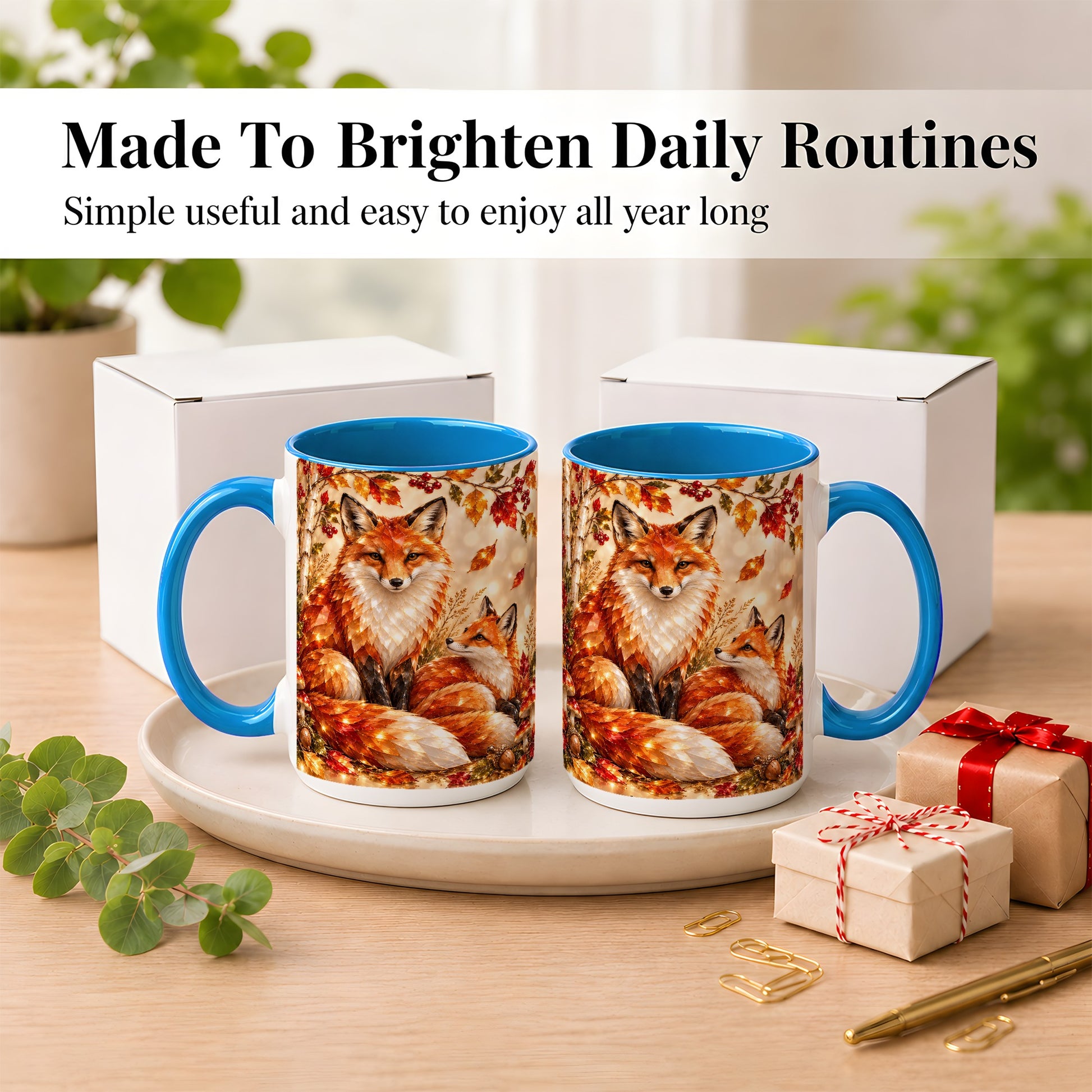 #pl[15oz|Blue] Faceted Fox Family Coffee Mug, Autumn Woodland Mug, Ceramic Cup