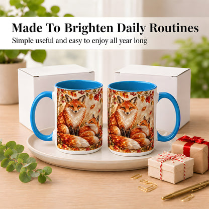#pl[15oz|Blue] Faceted Fox Family Coffee Mug, Autumn Woodland Mug, Ceramic Cup