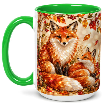#pl[15oz|Green] Faceted Fox Family Coffee Mug, Autumn Woodland Mug, Ceramic Cup