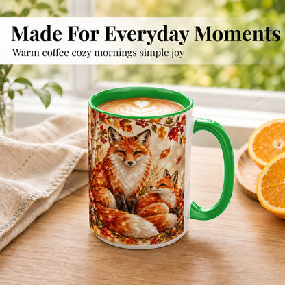 #pl[15oz|Green] Faceted Fox Family Coffee Mug, Autumn Woodland Mug, Ceramic Cup