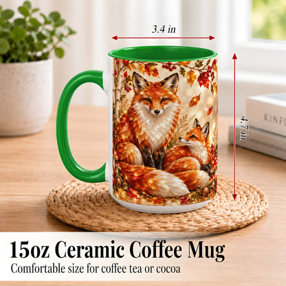 #pl[15oz|Green] Faceted Fox Family Coffee Mug, Autumn Woodland Mug, Ceramic Cup