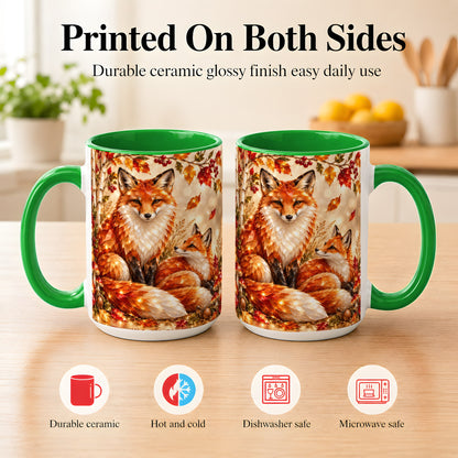 #pl[15oz|Green] Faceted Fox Family Coffee Mug, Autumn Woodland Mug, Ceramic Cup