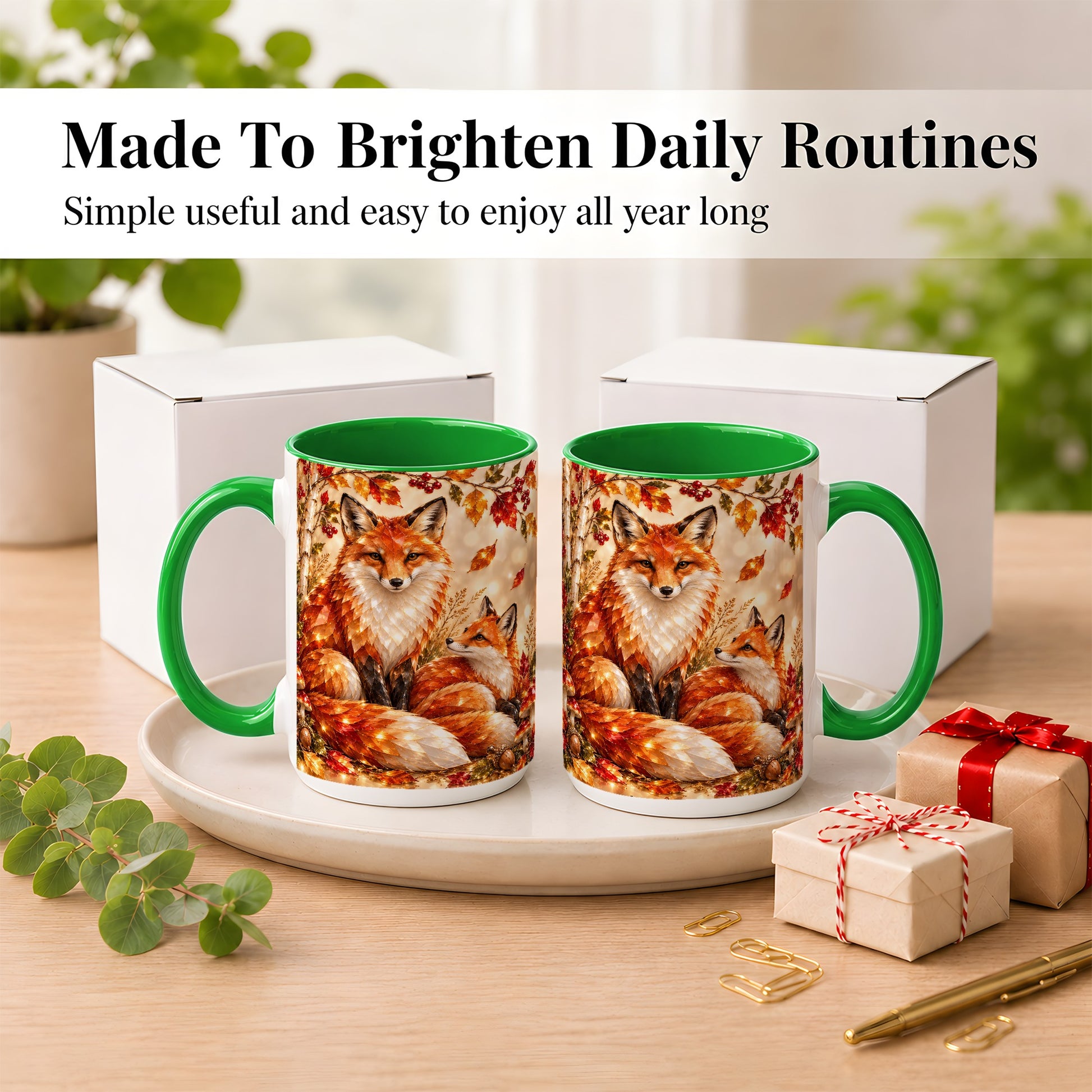 #pl[15oz|Green] Faceted Fox Family Coffee Mug, Autumn Woodland Mug, Ceramic Cup