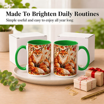 #pl[15oz|Green] Faceted Fox Family Coffee Mug, Autumn Woodland Mug, Ceramic Cup