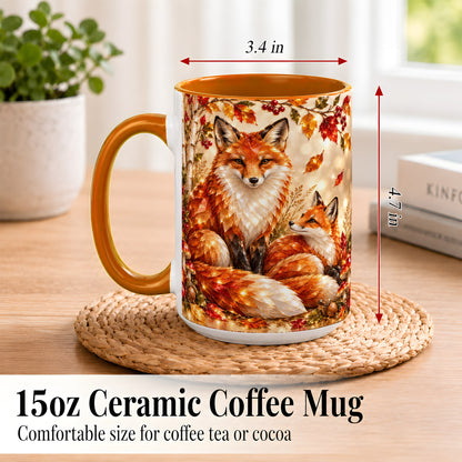 #pl[15oz|Orange] Faceted Fox Family Coffee Mug, Autumn Woodland Mug, Ceramic Cup