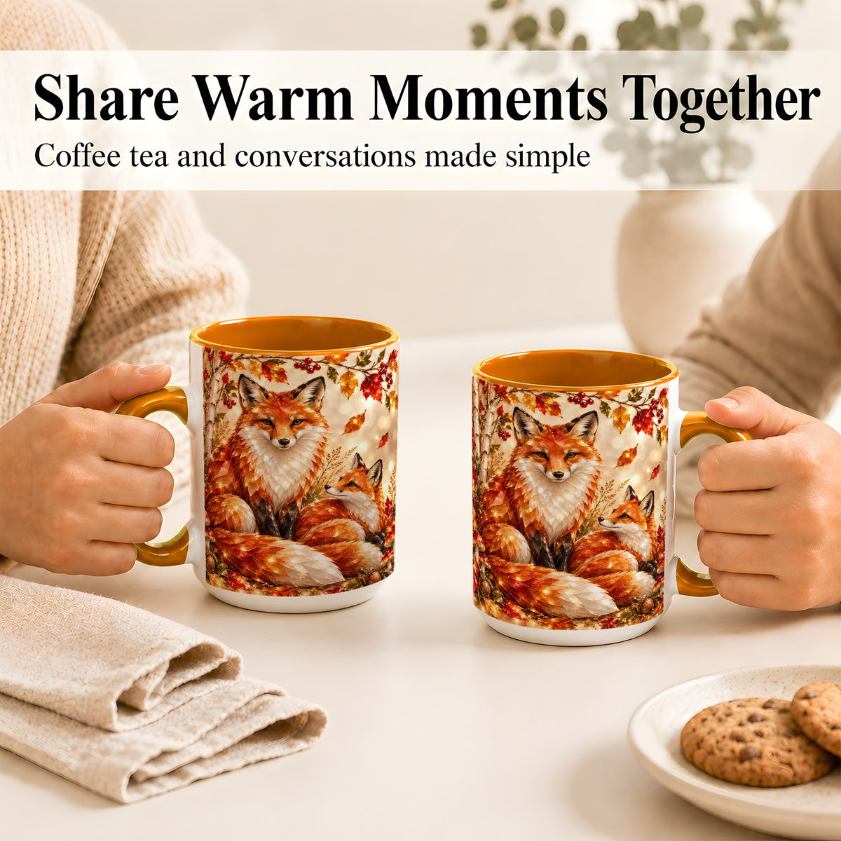 #pl[15oz|Orange] Faceted Fox Family Coffee Mug, Autumn Woodland Mug, Ceramic Cup