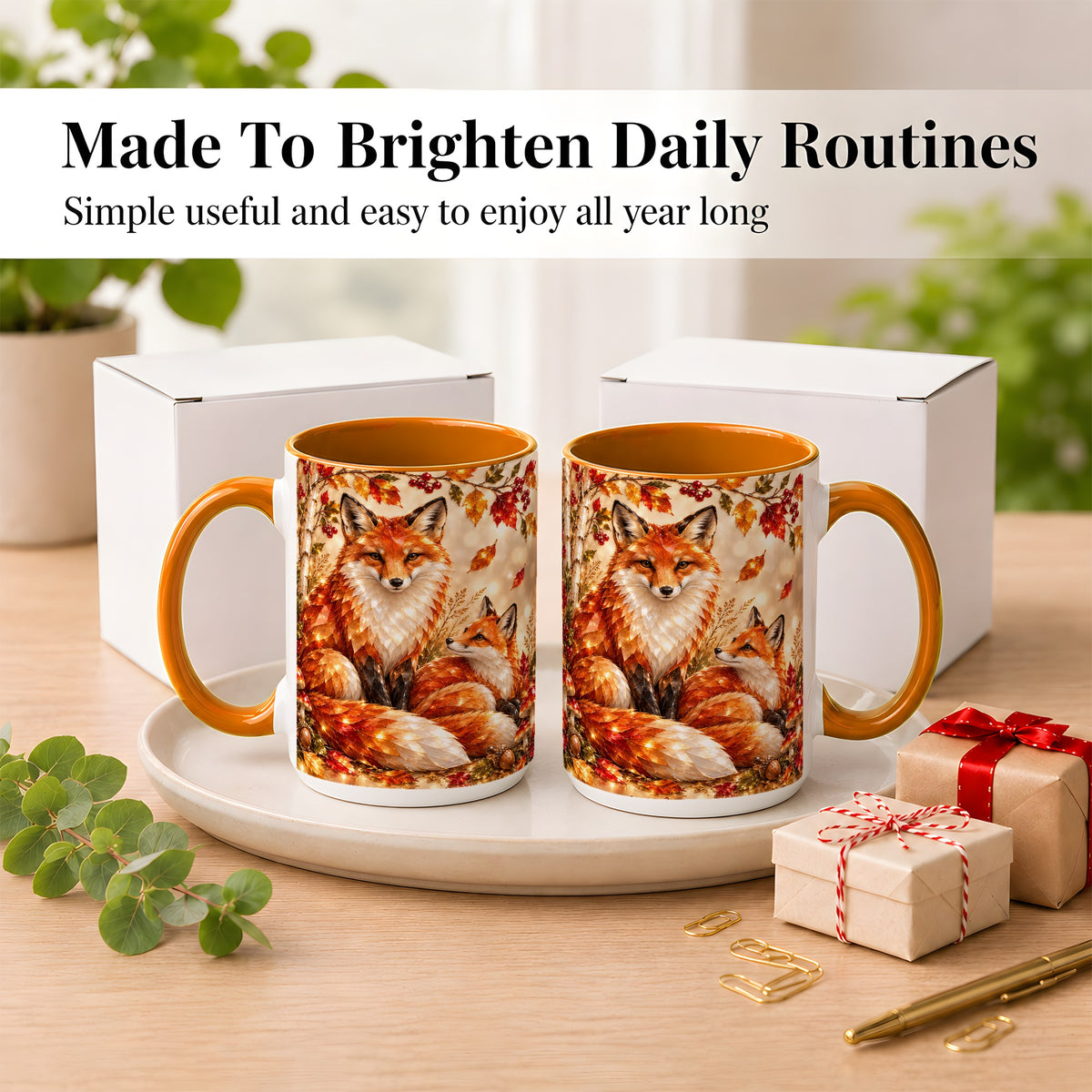 #pl[15oz|Orange] Faceted Fox Family Coffee Mug, Autumn Woodland Mug, Ceramic Cup