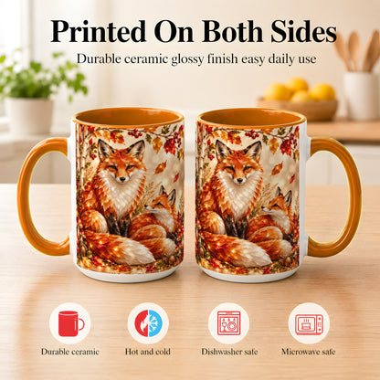 #pl[15oz|Orange] Faceted Fox Family Coffee Mug, Autumn Woodland Mug, Ceramic Cup