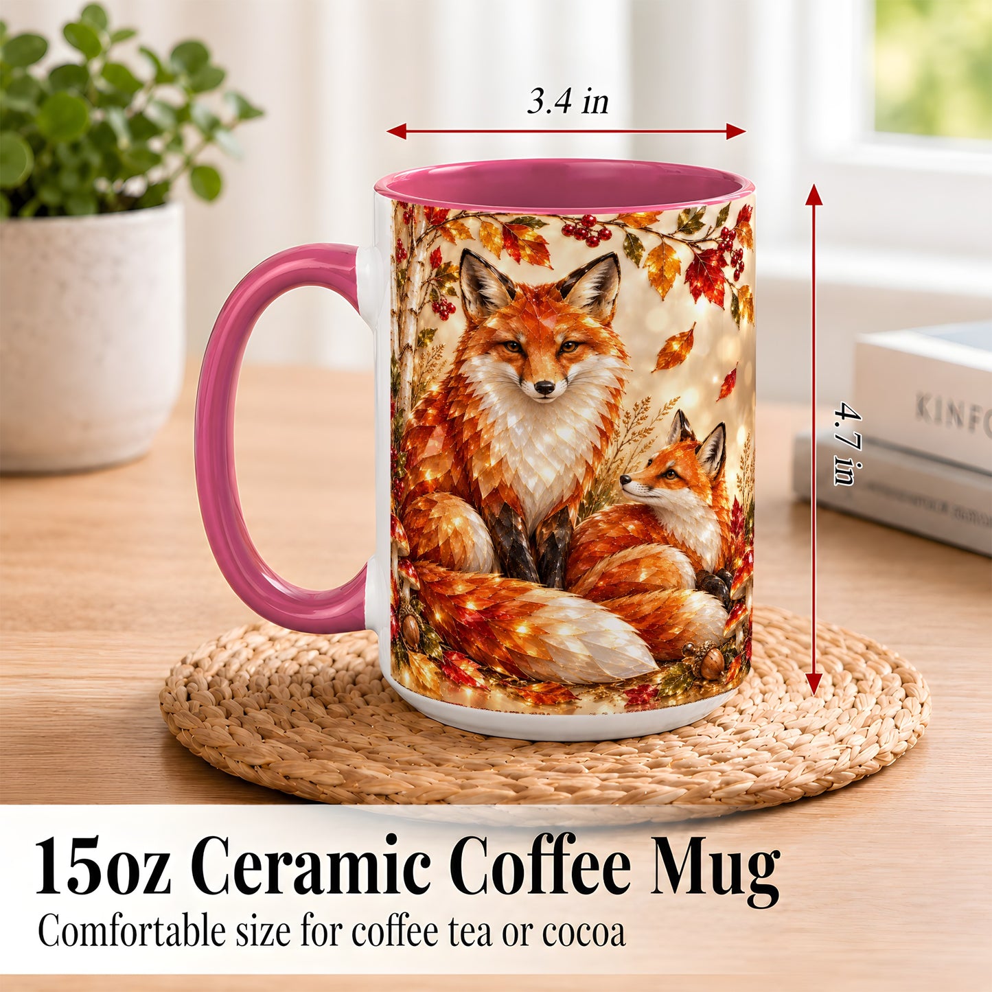 #pl[15oz|Pink] Faceted Fox Family Coffee Mug, Autumn Woodland Mug, Ceramic Cup