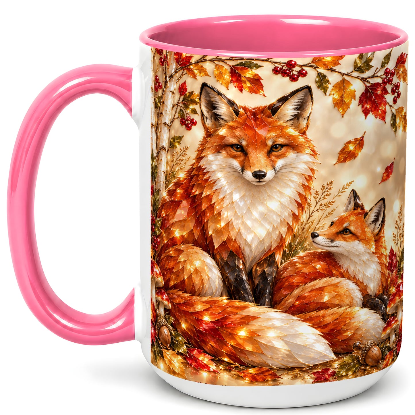#pl[15oz|Pink] Faceted Fox Family Coffee Mug, Autumn Woodland Mug, Ceramic Cup