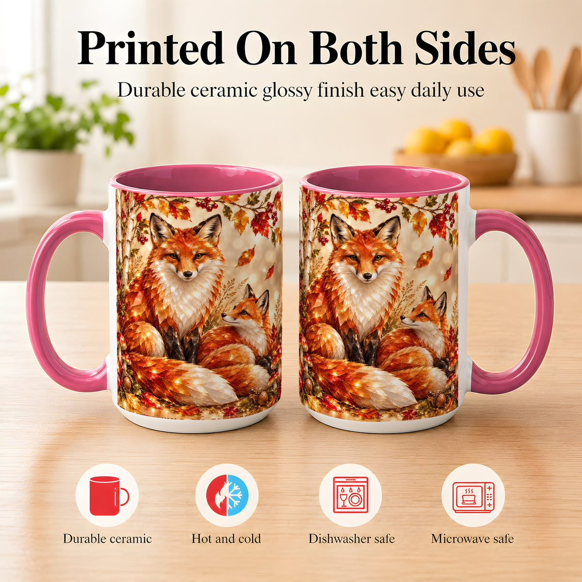 #pl[15oz|Pink] Faceted Fox Family Coffee Mug, Autumn Woodland Mug, Ceramic Cup