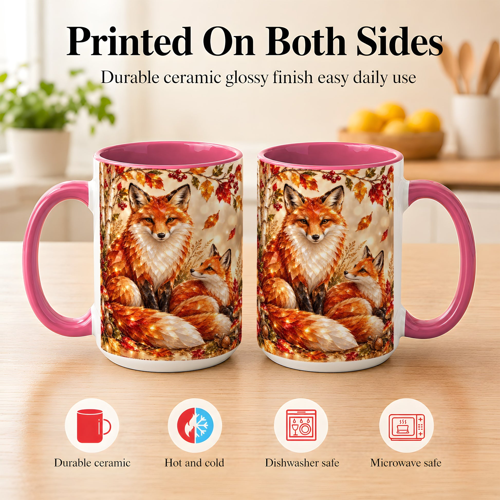 #pl[15oz|Pink] Faceted Fox Family Coffee Mug, Autumn Woodland Mug, Ceramic Cup