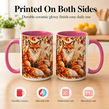 #pl[15oz|Pink] Faceted Fox Family Coffee Mug, Autumn Woodland Mug, Ceramic Cup