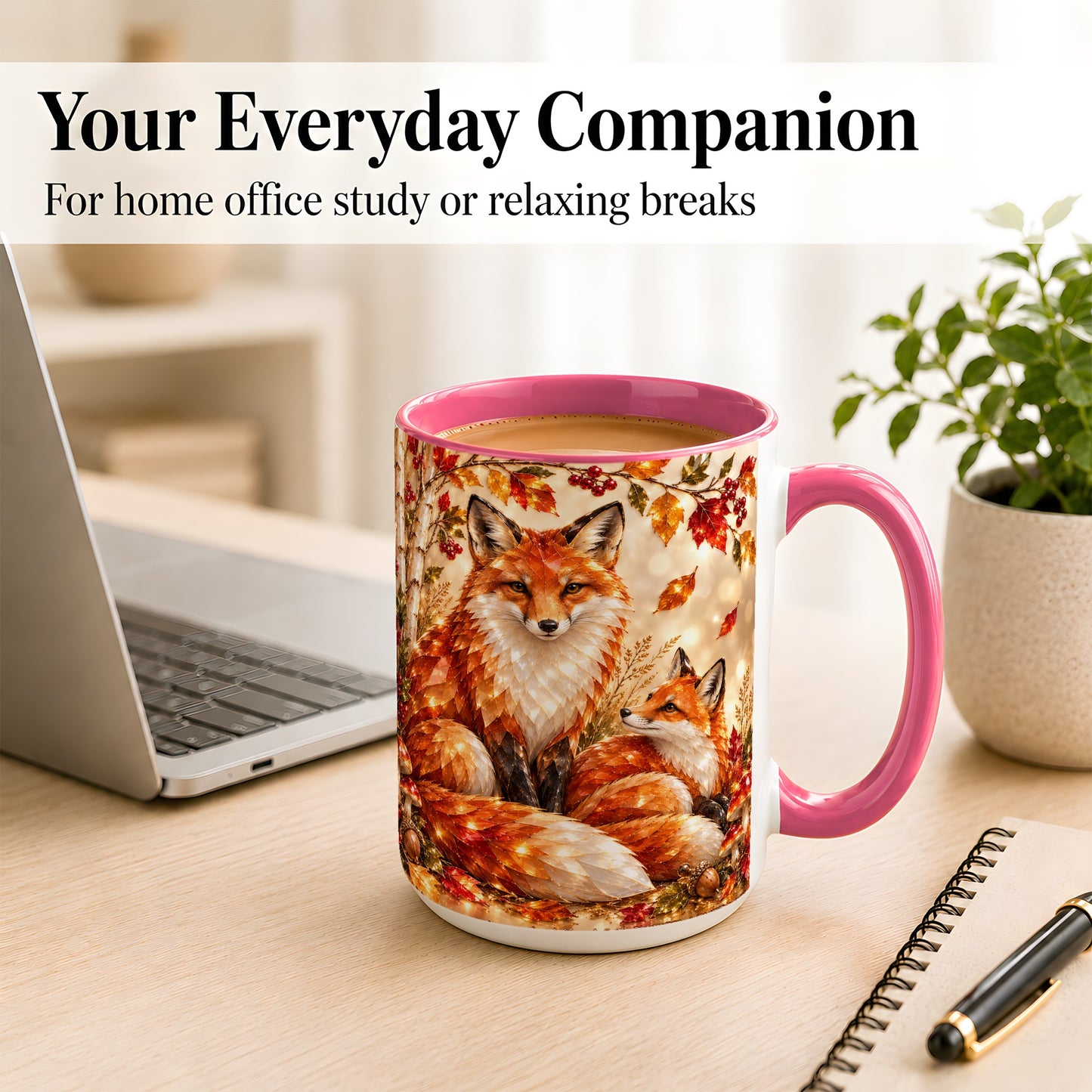 #pl[15oz|Pink] Faceted Fox Family Coffee Mug, Autumn Woodland Mug, Ceramic Cup