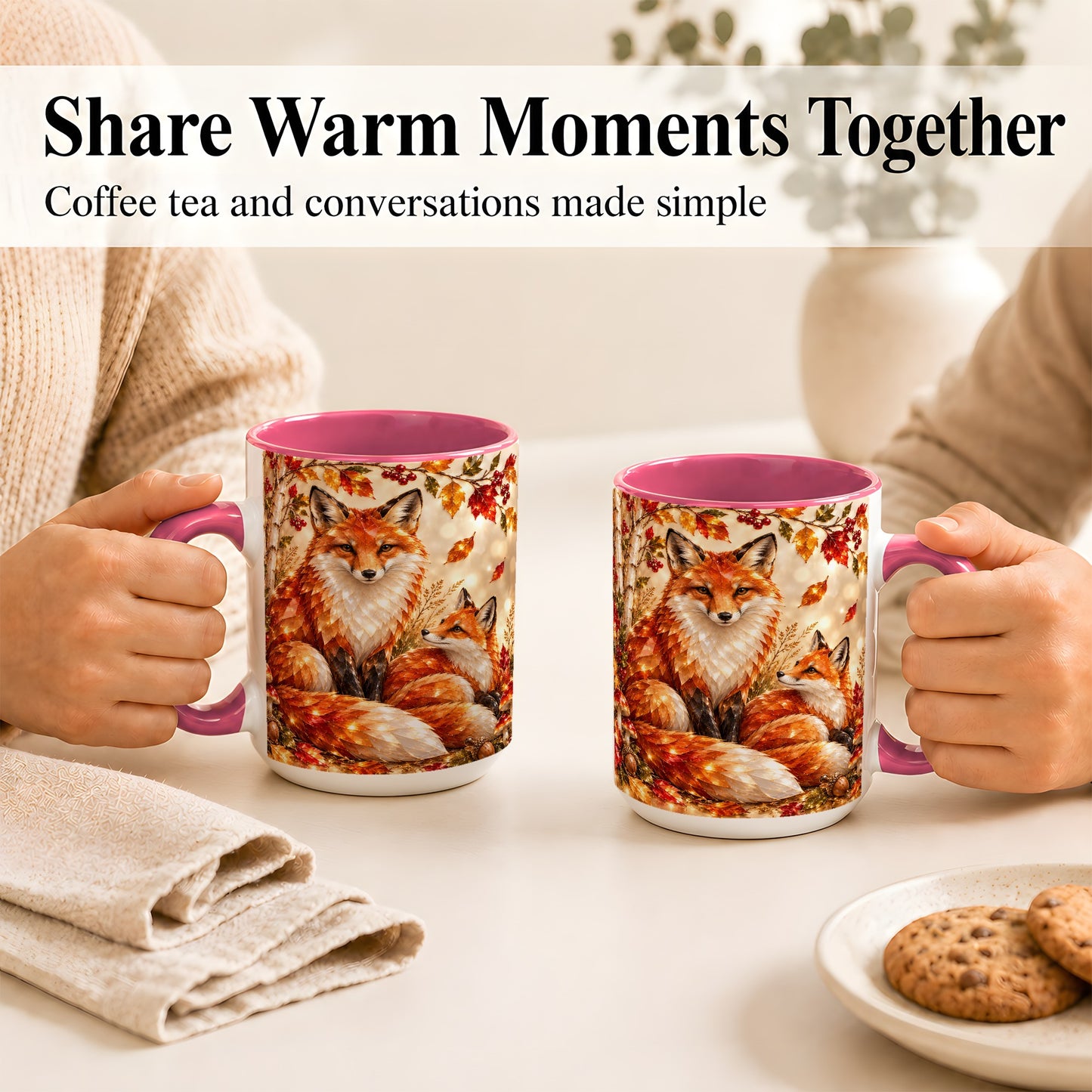 #pl[15oz|Pink] Faceted Fox Family Coffee Mug, Autumn Woodland Mug, Ceramic Cup