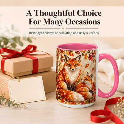#pl[15oz|Pink] Faceted Fox Family Coffee Mug, Autumn Woodland Mug, Ceramic Cup