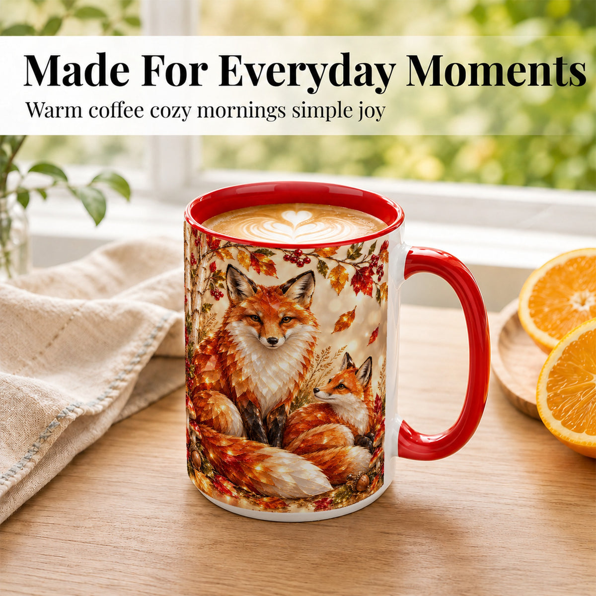 #pl[15oz|Red] Faceted Fox Family Coffee Mug, Autumn Woodland Mug, Ceramic Cup