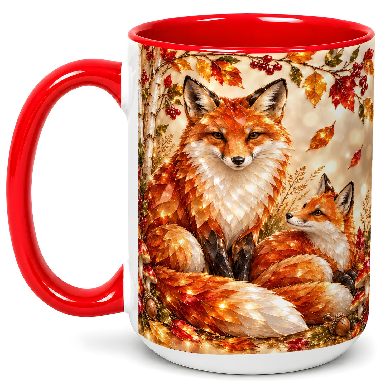 #pl[15oz|Red] Faceted Fox Family Coffee Mug, Autumn Woodland Mug, Ceramic Cup