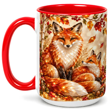 #pl[15oz|Red] Faceted Fox Family Coffee Mug, Autumn Woodland Mug, Ceramic Cup