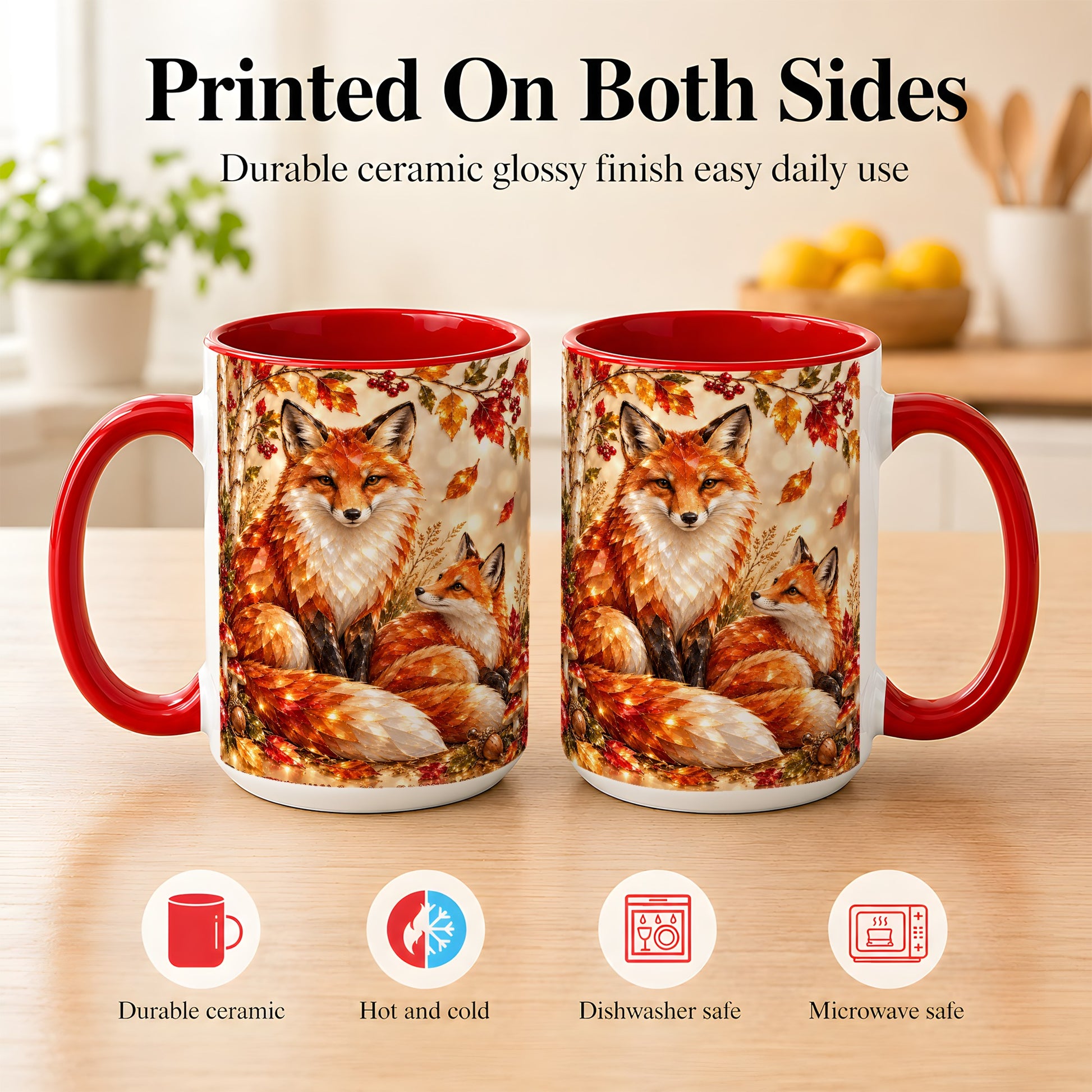 #pl[15oz|Red] Faceted Fox Family Coffee Mug, Autumn Woodland Mug, Ceramic Cup