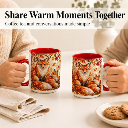 #pl[15oz|Red] Faceted Fox Family Coffee Mug, Autumn Woodland Mug, Ceramic Cup