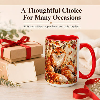 #pl[15oz|Red] Faceted Fox Family Coffee Mug, Autumn Woodland Mug, Ceramic Cup