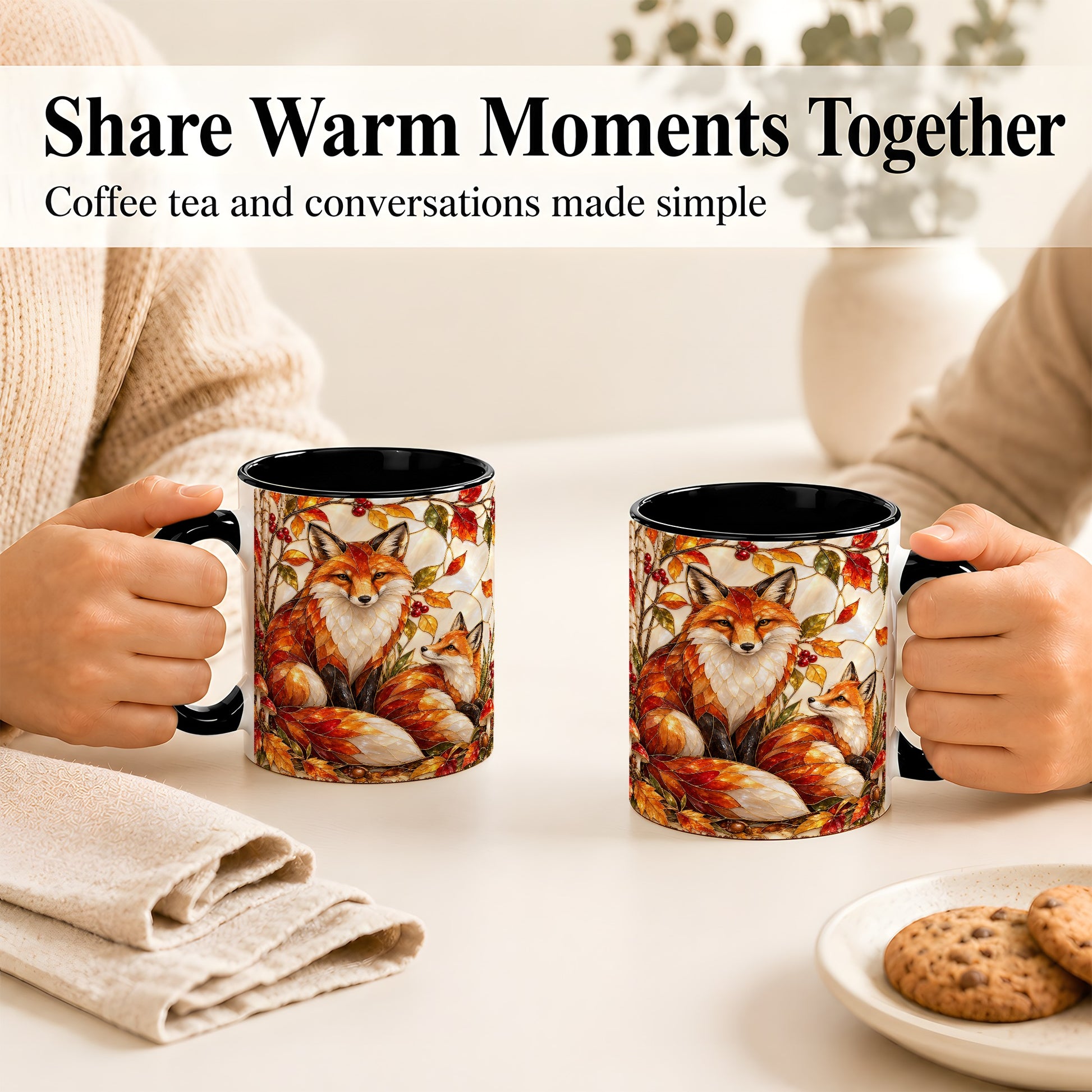 #pl[11oz|Black] Stained Glass Style Fox Coffee Mug, Autumn Fox Mug, Ceramic Cup