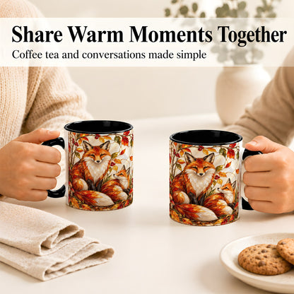 #pl[11oz|Black] Stained Glass Style Fox Coffee Mug, Autumn Fox Mug, Ceramic Cup