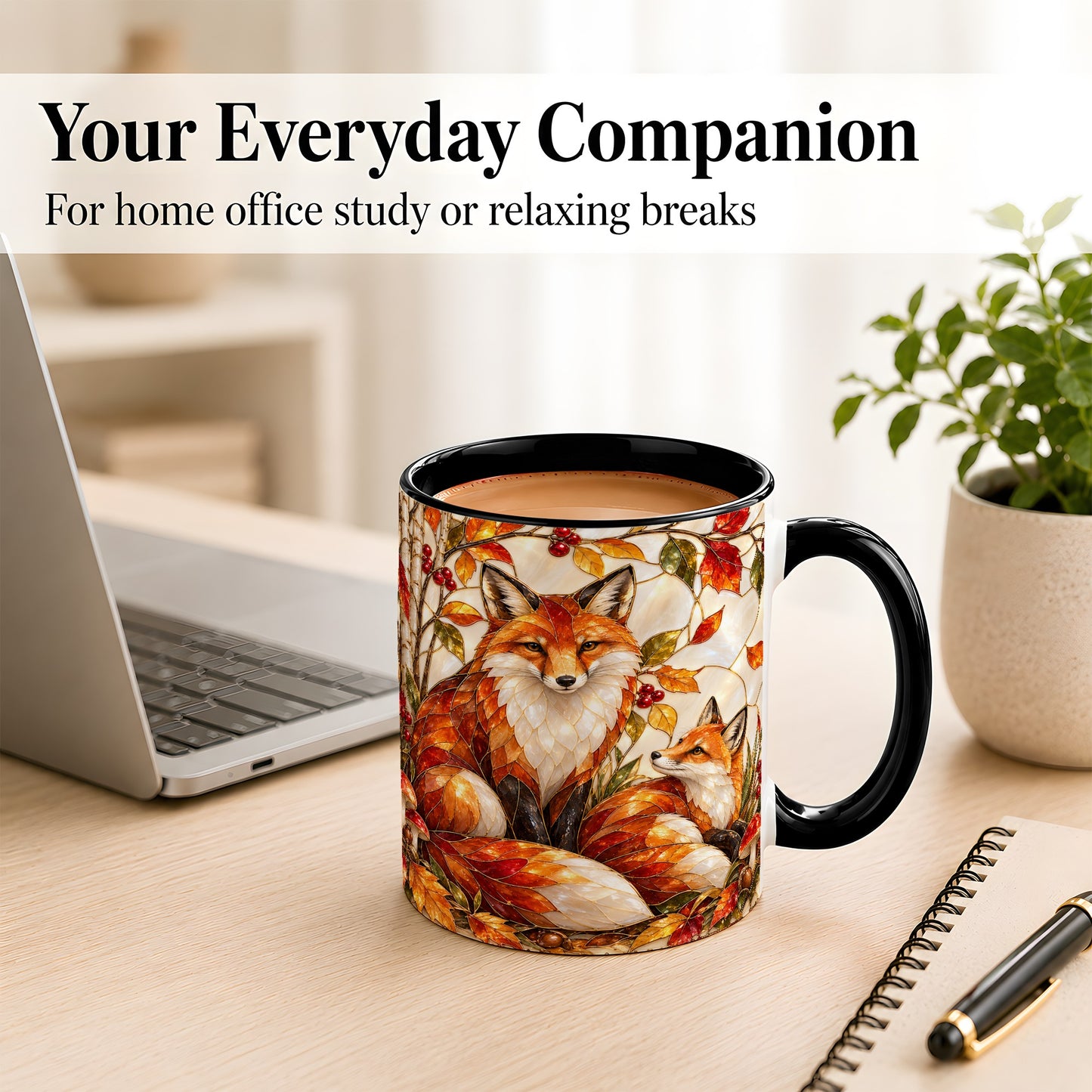 #pl[11oz|Black] Stained Glass Style Fox Coffee Mug, Autumn Fox Mug, Ceramic Cup