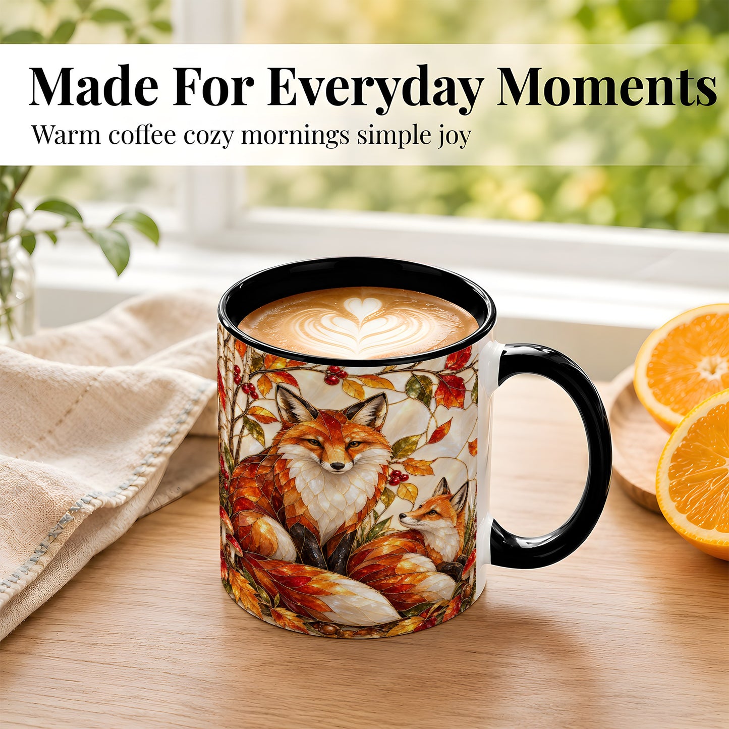 #pl[11oz|Black] Stained Glass Style Fox Coffee Mug, Autumn Fox Mug, Ceramic Cup