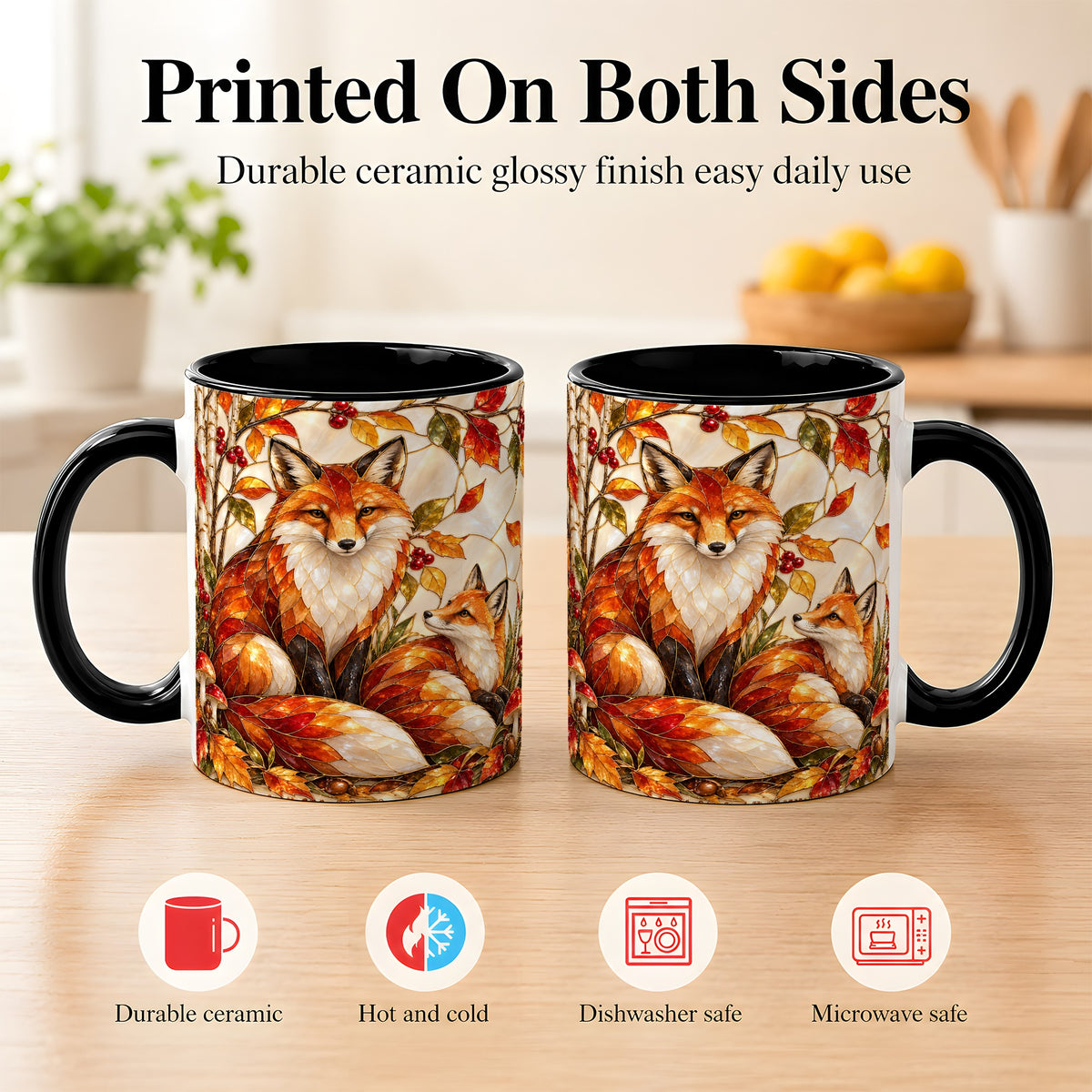 #pl[11oz|Black] Stained Glass Style Fox Coffee Mug, Autumn Fox Mug, Ceramic Cup