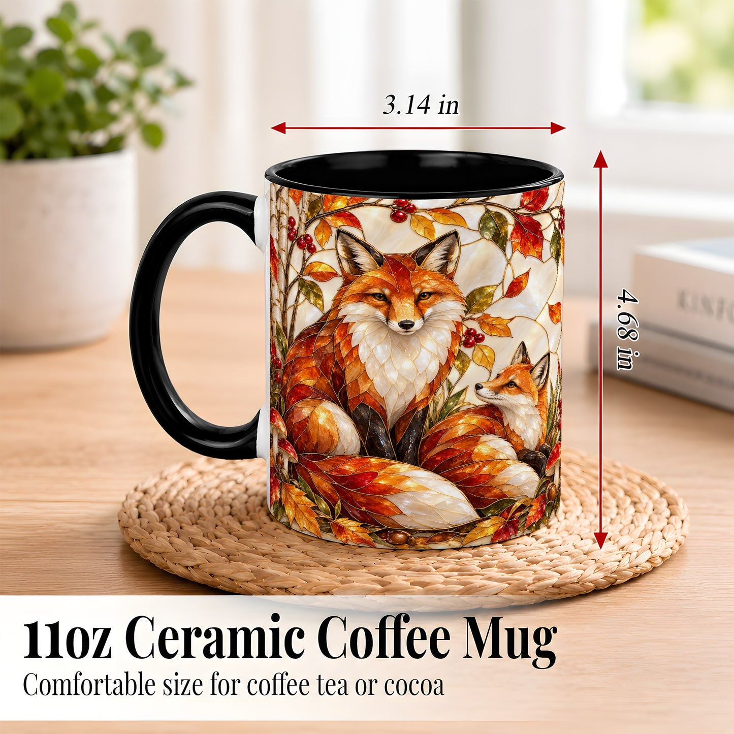 #pl[11oz|Black] Stained Glass Style Fox Coffee Mug, Autumn Fox Mug, Ceramic Cup