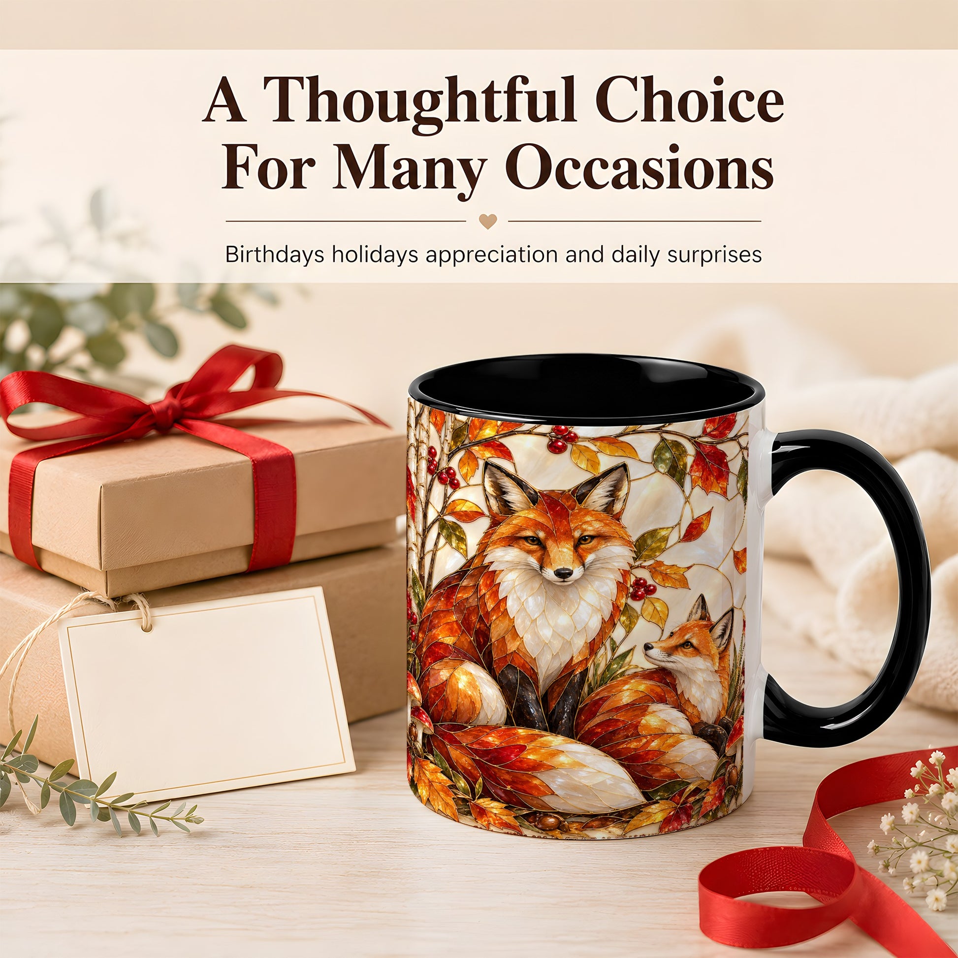 #pl[11oz|Black] Stained Glass Style Fox Coffee Mug, Autumn Fox Mug, Ceramic Cup