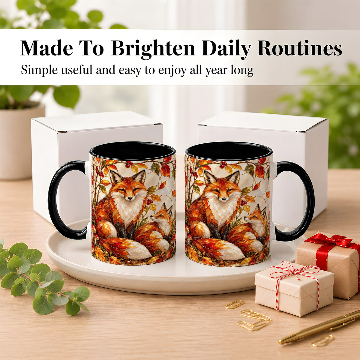 #pl[11oz|Black] Stained Glass Style Fox Coffee Mug, Autumn Fox Mug, Ceramic Cup