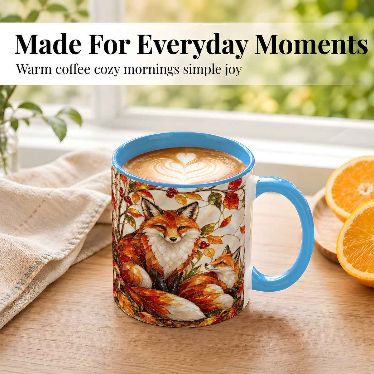 #pl[11oz|Blue] Stained Glass Style Fox Coffee Mug, Autumn Fox Mug, Ceramic Cup