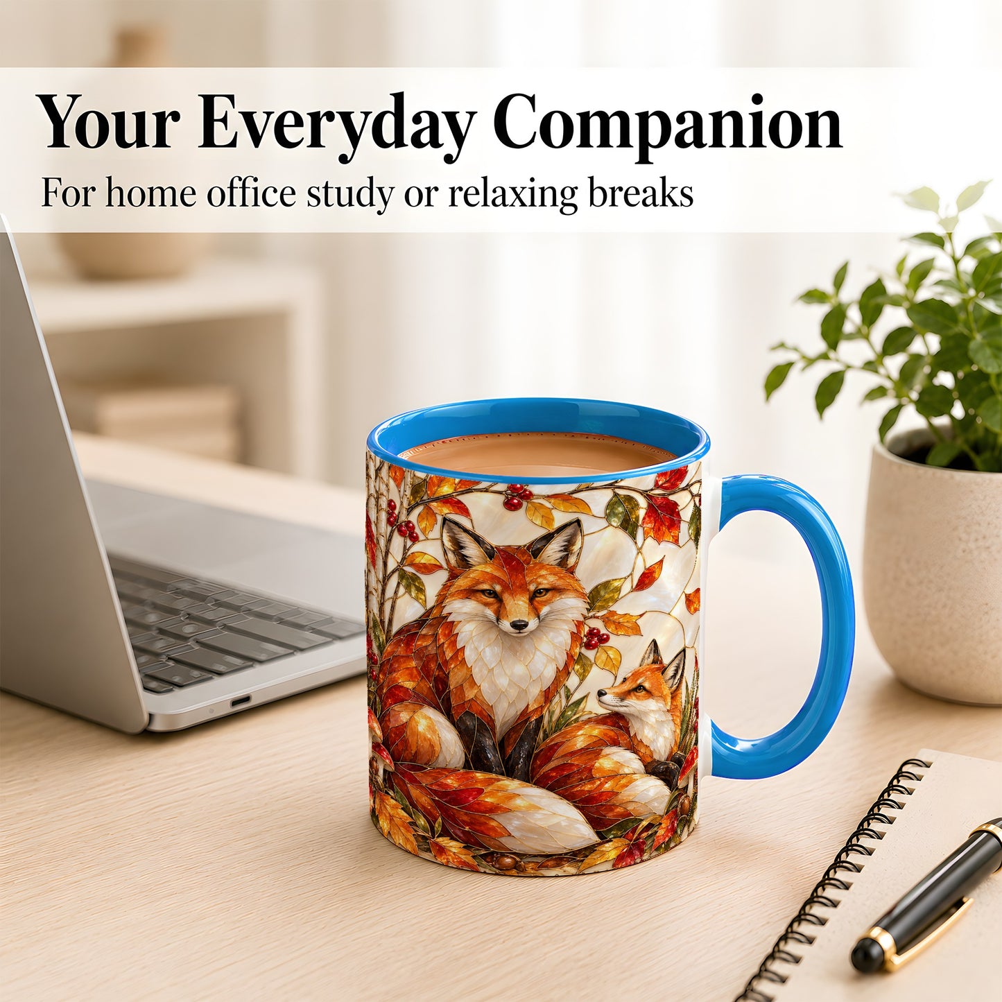 #pl[11oz|Blue] Stained Glass Style Fox Coffee Mug, Autumn Fox Mug, Ceramic Cup