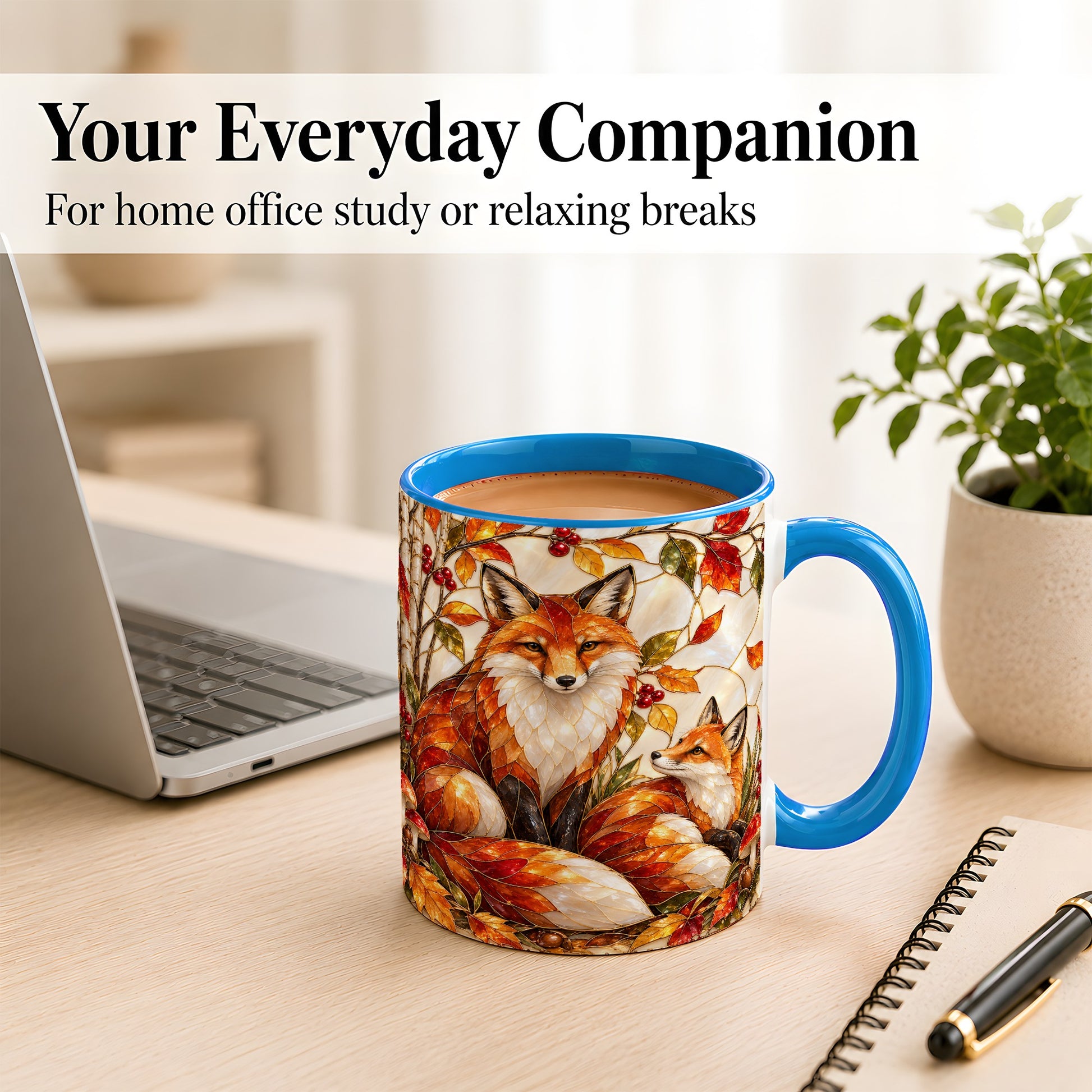 #pl[11oz|Blue] Stained Glass Style Fox Coffee Mug, Autumn Fox Mug, Ceramic Cup