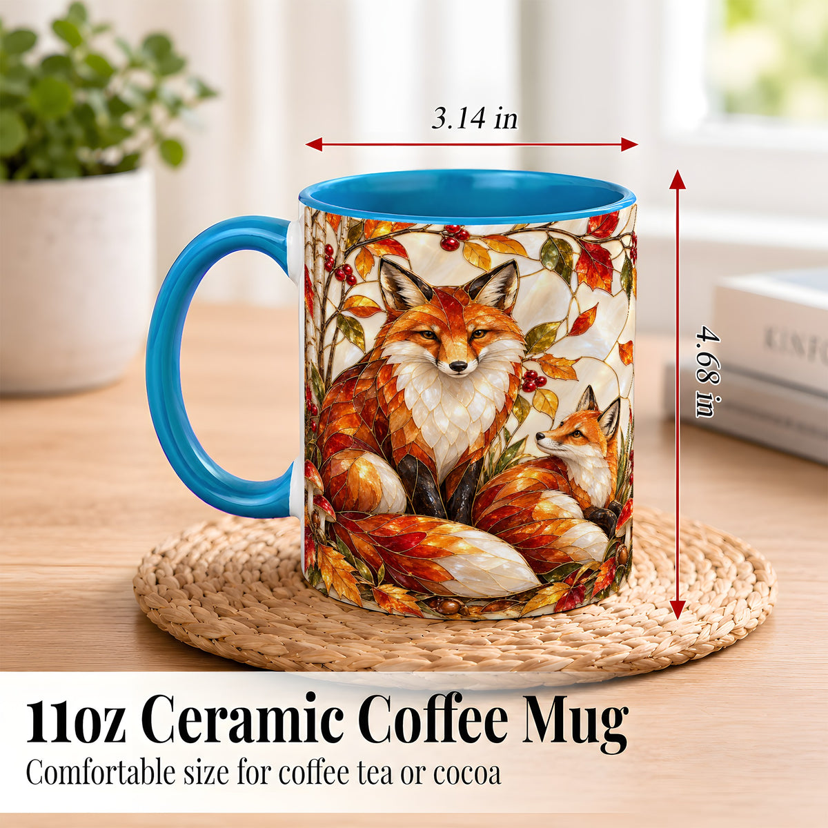 #pl[11oz|Blue] Stained Glass Style Fox Coffee Mug, Autumn Fox Mug, Ceramic Cup