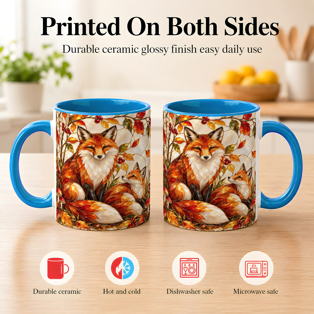 #pl[11oz|Blue] Stained Glass Style Fox Coffee Mug, Autumn Fox Mug, Ceramic Cup