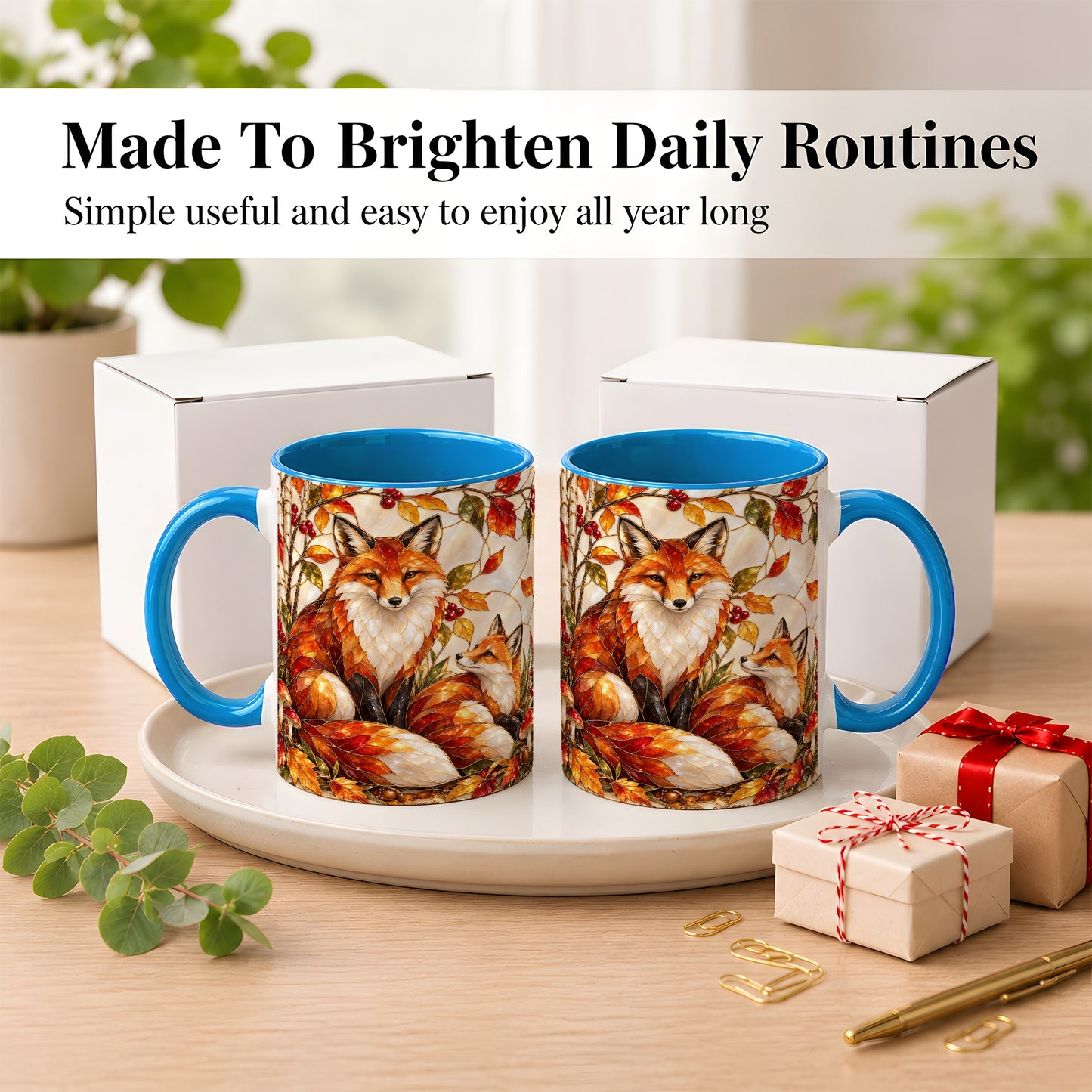 #pl[11oz|Blue] Stained Glass Style Fox Coffee Mug, Autumn Fox Mug, Ceramic Cup