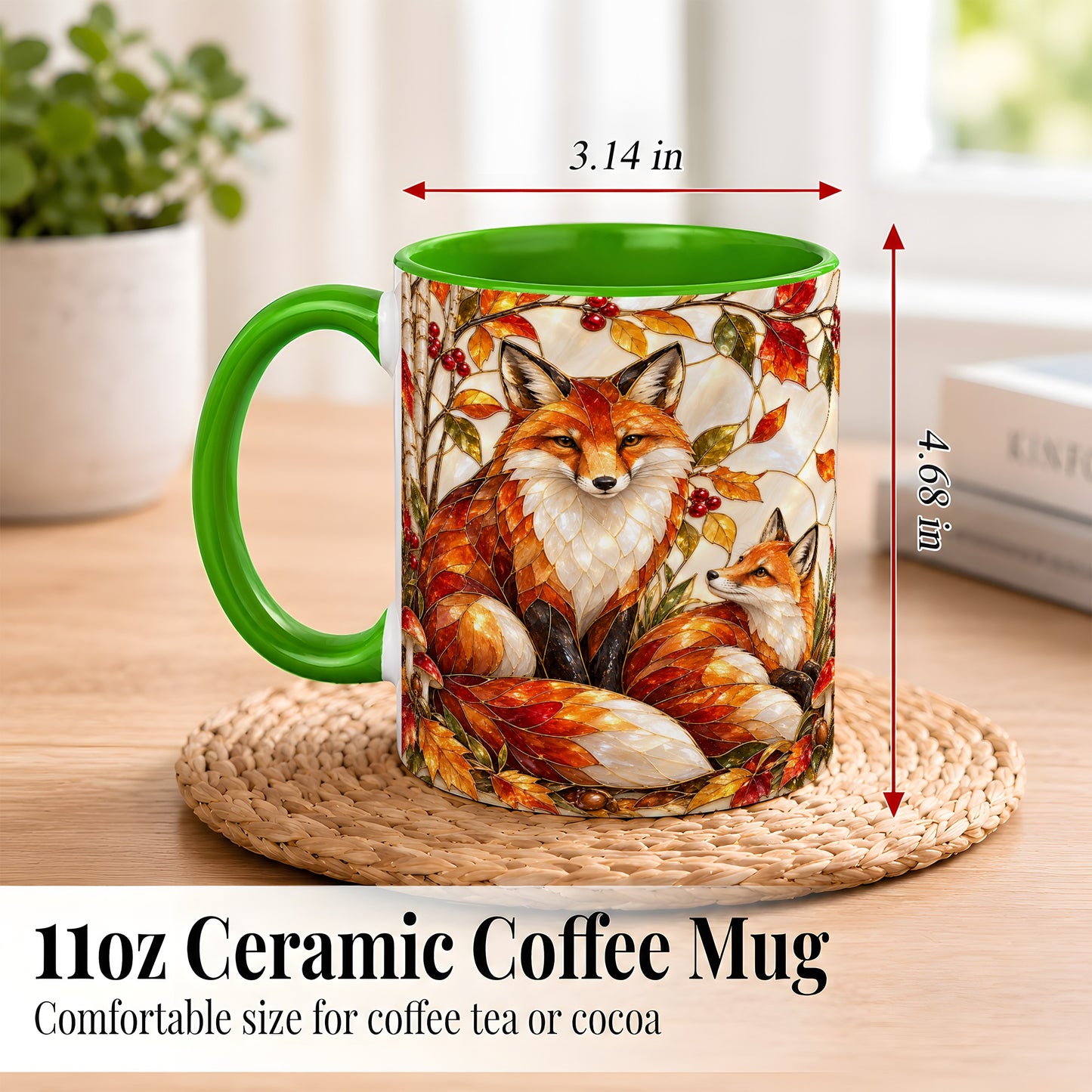 #pl[11oz|Green] Stained Glass Style Fox Coffee Mug, Autumn Fox Mug, Ceramic Cup