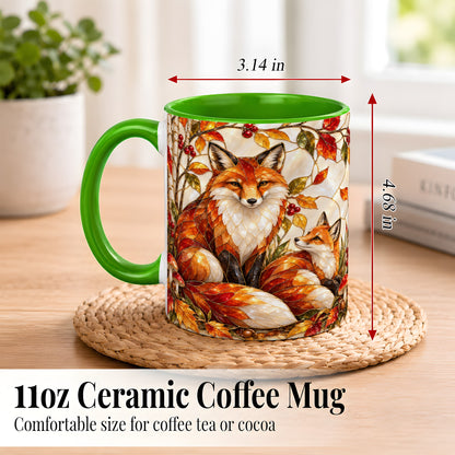 #pl[11oz|Green] Stained Glass Style Fox Coffee Mug, Autumn Fox Mug, Ceramic Cup