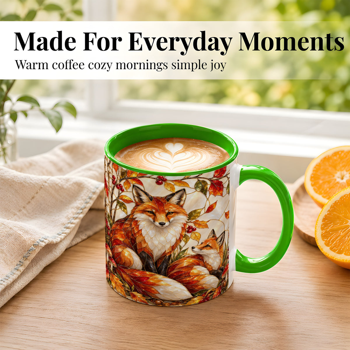 #pl[11oz|Green] Stained Glass Style Fox Coffee Mug, Autumn Fox Mug, Ceramic Cup