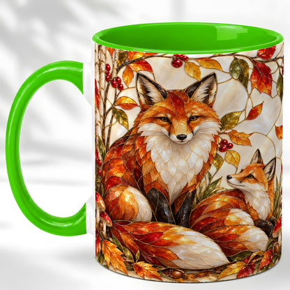 #pl[11oz|Green] Stained Glass Style Fox Coffee Mug, Autumn Fox Mug, Ceramic Cup